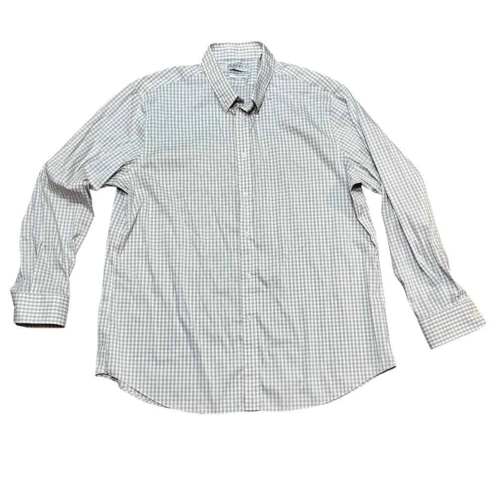 Lauren Button Down Shirt Men's 2XL 18 34/35 Slim White Tan Plaid Cotton Nylon LS